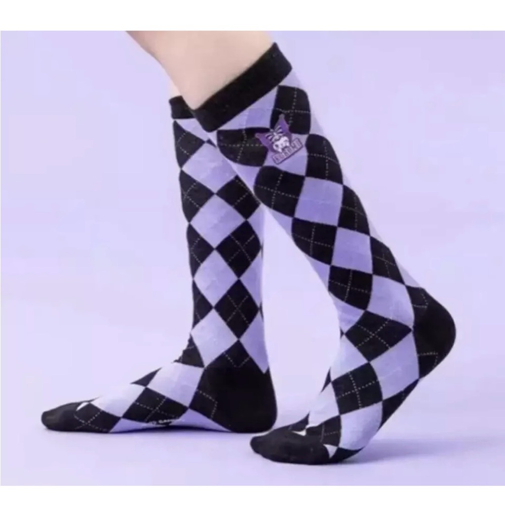 Kuromi Socks PATCH knee high PURPLE Diamond Plaid